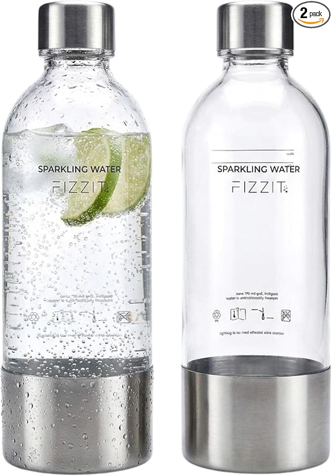 FIZZIT 1L Carbonating Bottles 2 Pack – Compatible with SodaStream,Terra Art, Aarke & Philips Soda Maker – BPA Free Reusable Sparkling Water Bottle – Replacement with Stainless Steel base & cap