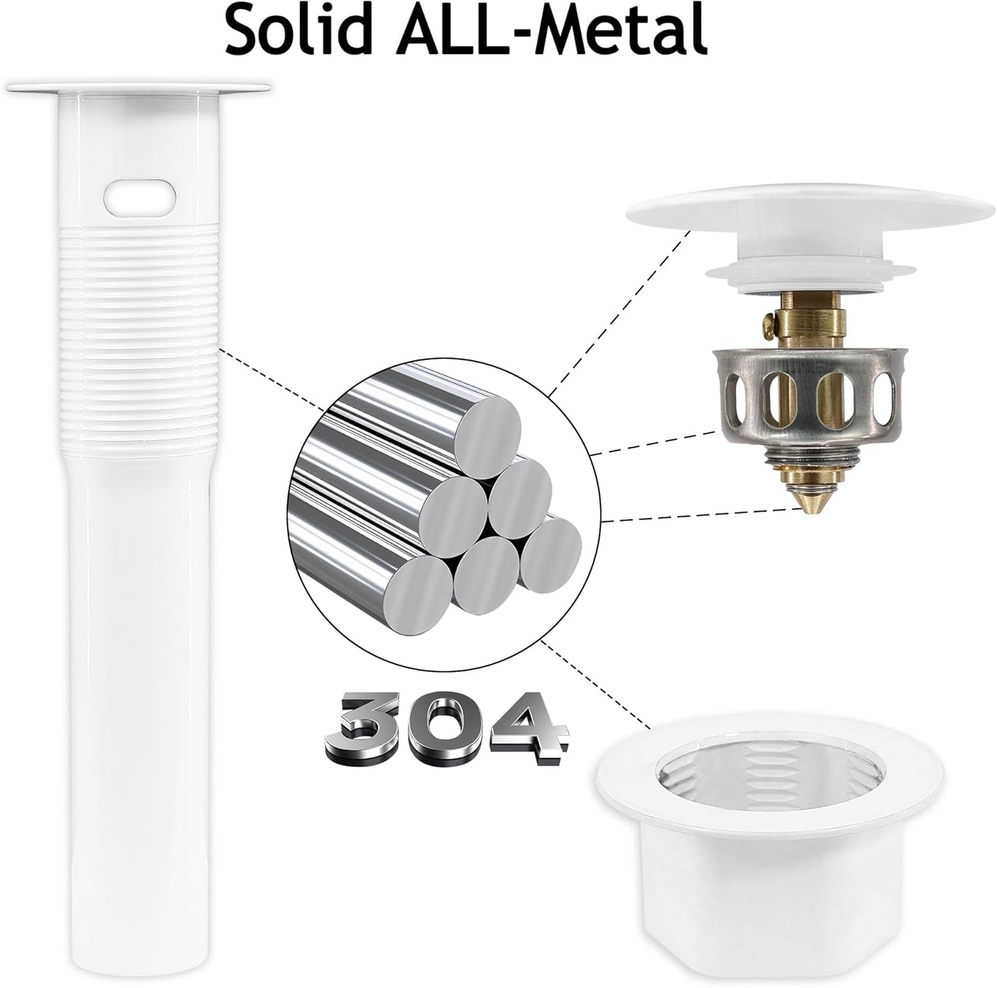 Bathroom Sink Drain,2 Pack White Drain Stopper Bathroom Sink With Overflow,Pop Up Drain Assembly with Detachable Strainer Basket,Built-in Anti-Clogging, Stainless Steel Nut