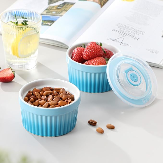 vancasso 8 oz Ramekins with Lid, Porcelain Creme Brulee Souffle Dishes, Blue Pudding Custard Cups Ramiken for Baking, Dishwasher and Oven Safe, Set of 6