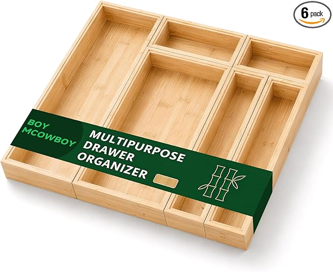 Bamboo Kitchen Drawer Organizer for Utensils, Set of 6 Stackable Silverware Tray for Drawer, Multi-Use Storage Bamboo Trays for Utensil Holde, Office, Makeup, Jewelry, Bathroom