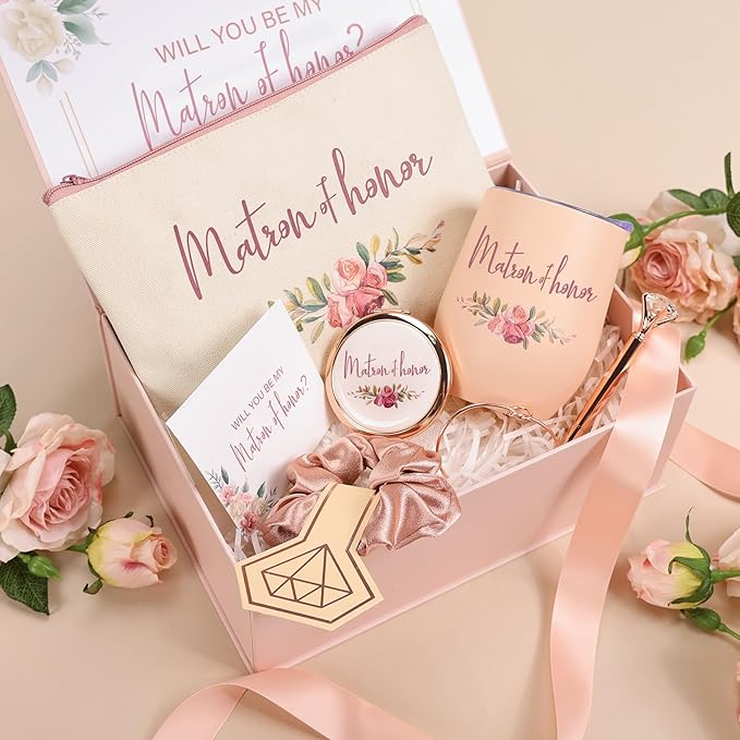 CARAKNOTS Matron of Honor Proposal Gift Box Set, Will You Be My Matron of Honor Gift, Pink Ready to Gift Bridesmaid Box with 12 oz Stainless Steel Tumbler, Bridal Party Bachelorette Wedding Favor
