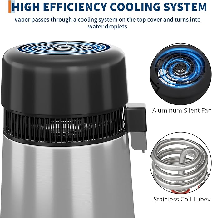 GarveeHome Water Distillers for Home Countertop, 1 gal/4 L Stainless Steel Distilled Water Machine with Glass Container, 750W Desktop Drinking Purifier Filter Distilling Kit, Silver