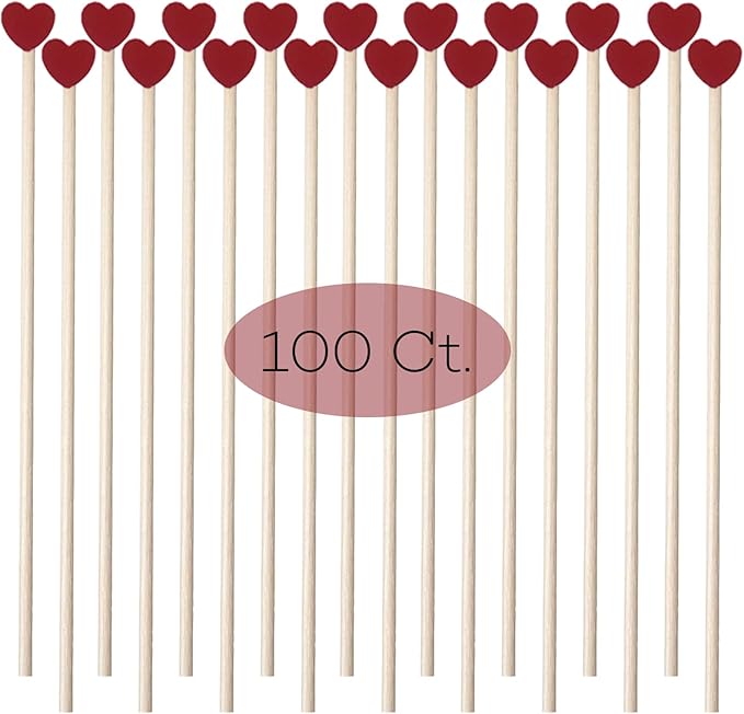 100 Pcs 6 Inch Red Heart Shaped Valentine's Day Wooden Swizzle Sticks, Cocktail & Coffee Drink Stirrers, Rock Candy Sticks, Cake Pop Sticks, Lollipop Sticks for Anniversary, Wedding Party