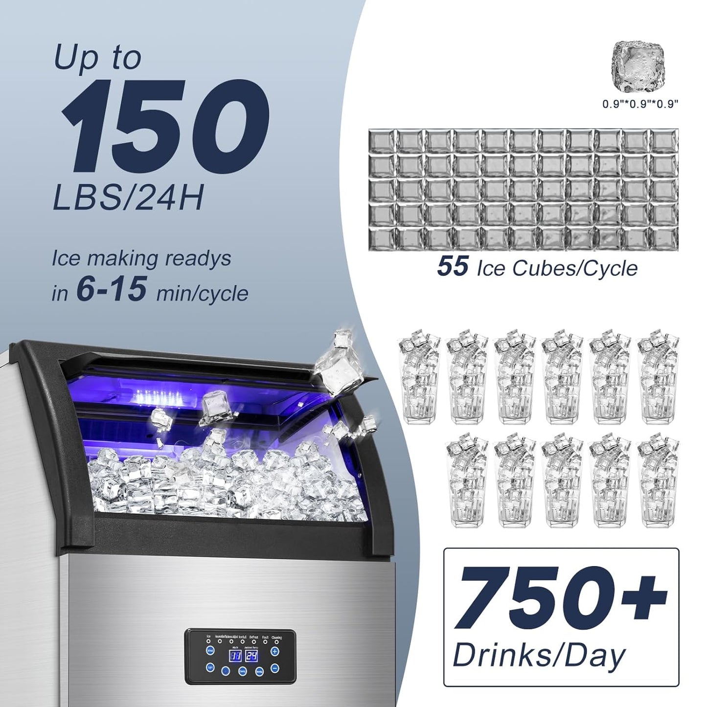 Commercial Ice Maker Machine 150LBS/24H with 50LBS Storage Bin, Stainless Steel Undercounter/Freestanding Ice Maker Machine for Home Bar Outdoor, 55PCS Ice Cubes Ice Machine, Self Cleaning