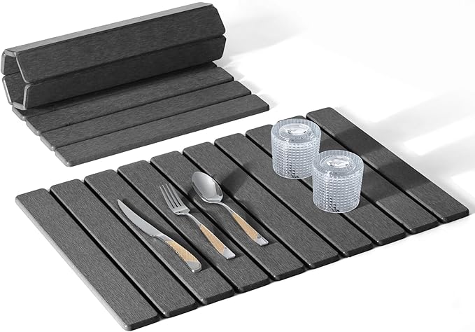 Large Stone Dish Drying Mat for Kitchen Counter, 24"×16" Quick Dry Collapsible Diatomaceous Earth Mat – Super Absorbent Foldable Drying Pad for Dishes (Dark Gray, 23.2" x 15.4")
