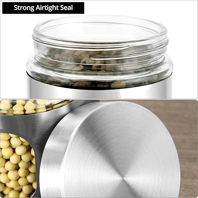 QWORK 6 Pack 20 oz Stainless Steel Glass Kitchen Canisters Set, Airtight Food Storage Containers with Window, for Flour Cookies Spices Grains