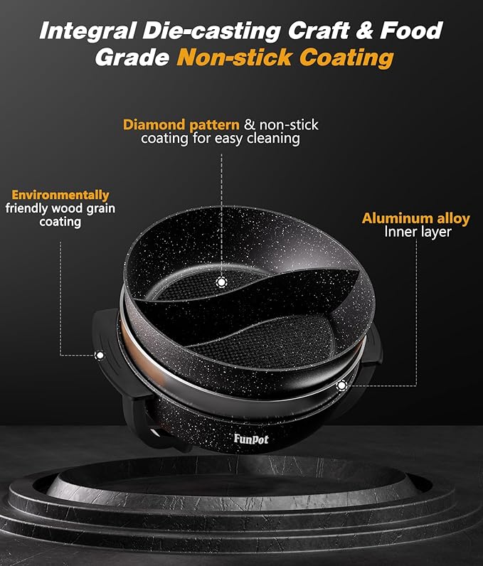 6L Dual-Sided Electric Hot Pot with Cool-Touch Handles, 1100W Adjustable Heat, Hexagonal Non-Stick Interior & Overheat Protection (Wraparound Black Handles)
