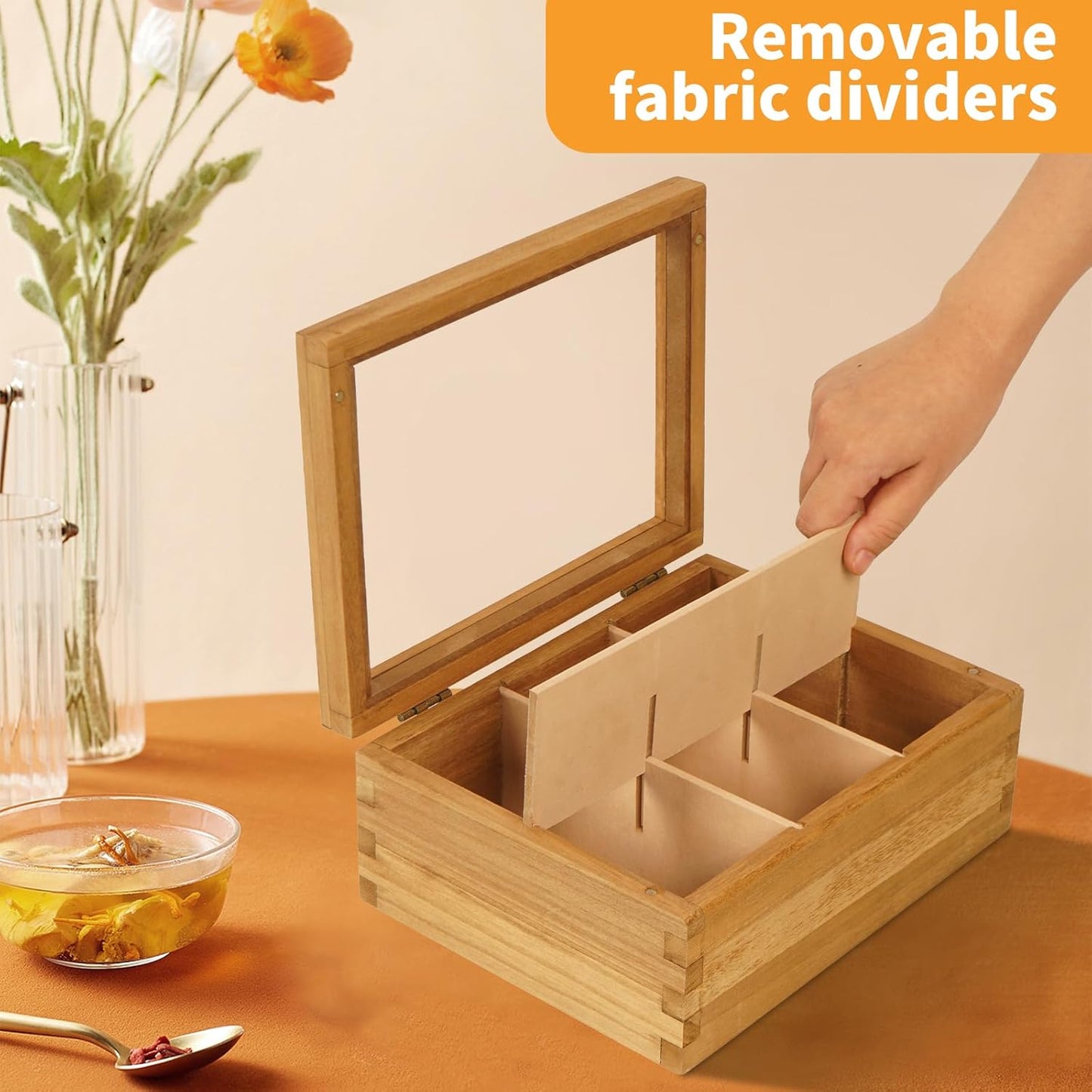 Wood Tea Bag Organizer, 6 Compartment Multi-Functional Tea Box and Storage Organizer for Tea Bags, Tea Container for Tea Lovers