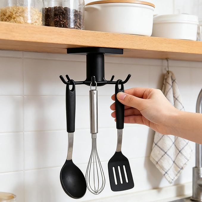 360° Rotating Kitchen Hooks, Adhesive Utensil Organizer Rack with 6 Hooks - No Drill Cabinet Mount for Spoons, Towels & Cups (2pcs)