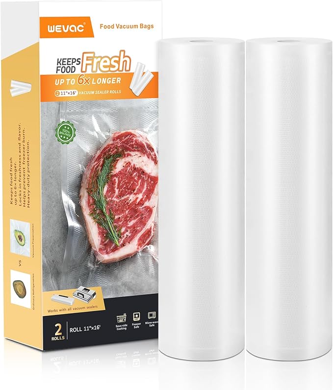 Wevac Vacuum Sealer Bag Rolls, 11"x16' (2 Rolls), Heavy Duty Food Storage for Sous Vide, Freezer, Meal Prep, Keep Food Fresh Longer
