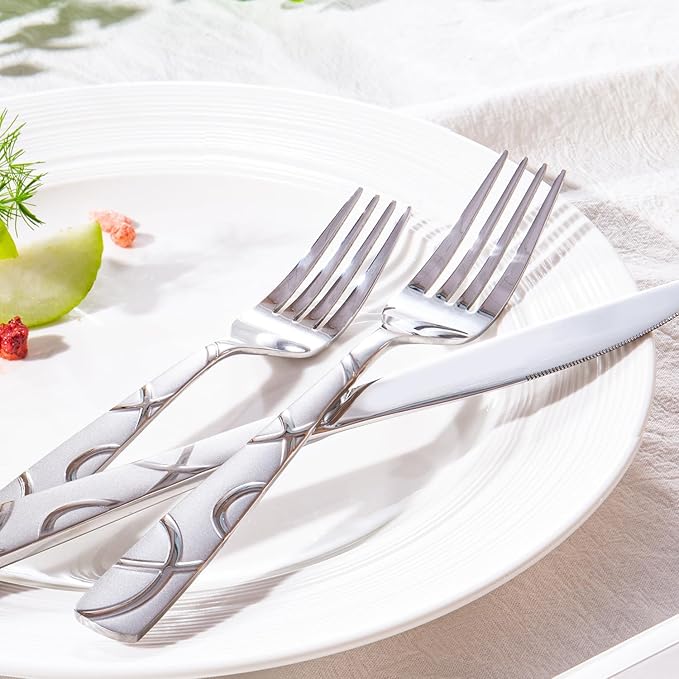 HIKAA 48PCS Stainless Steel Silverware Set with Steak Knives, Modern Flatware Set for Kitchen, Mirror Polished Cutlery Set with Forks, Spoons and Knives，Dishwasher Safe