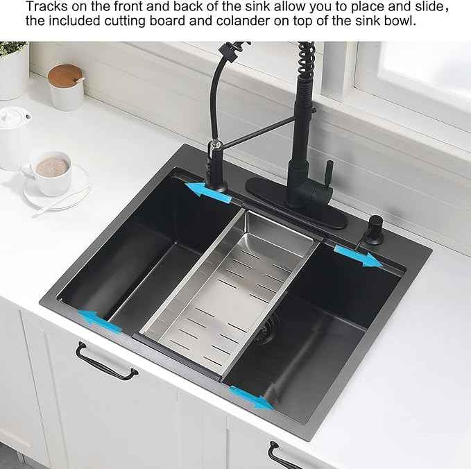 25 Inch Black Drop In Kitchen Sink Workstation - VOKIM 25x22-Inch Drop In sink 16 Gauge Stainless Steel 10'' Deep Single Bowl Handmade Kitchen Sink with Cutting Board& Strainer