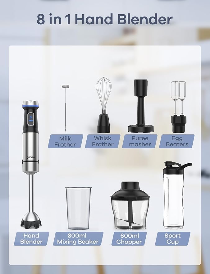 Ganiza Immersion Blender Handheld Corded 8 in 1 Hand Blender Max 1000W 16 Speed Mode Stick Emulsifier with 800ml Mixing Beaker, 600ml Chopper, Whisk, Frother, Potato Masher and Portable Bottle