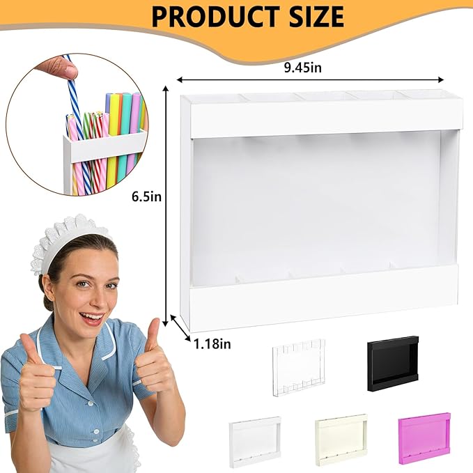 9.5" Large Acrylic Straw Holder for Cabinet Door-Reusable Tumbler Straw Organizer Storage,Small Kitchen Organizers and Storage Accessories Container, Ultra Sticky Cupboard Door Mounted(White)