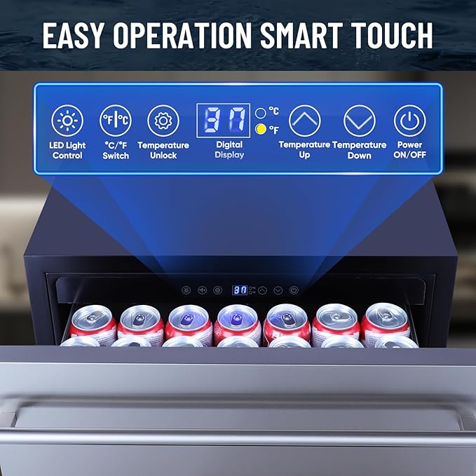 ORYMUSE Outdoor Drawer Refrigerator, 24 Inch Undercounter Beverage Cooler Fridge with Stainless Steel Seamless Door Can Hold 154 Cans w/Powerful Cooling Compressor for Kitchen and Commercial