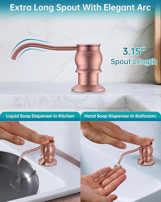 Brass Kitchen Soap Dispenser, Red Copper in Sink Liquid Dish Soap Dispenser with High Capacity 500ML （17oz） ABS Bottle, Under Sink Hand Metal Dispenser Pump