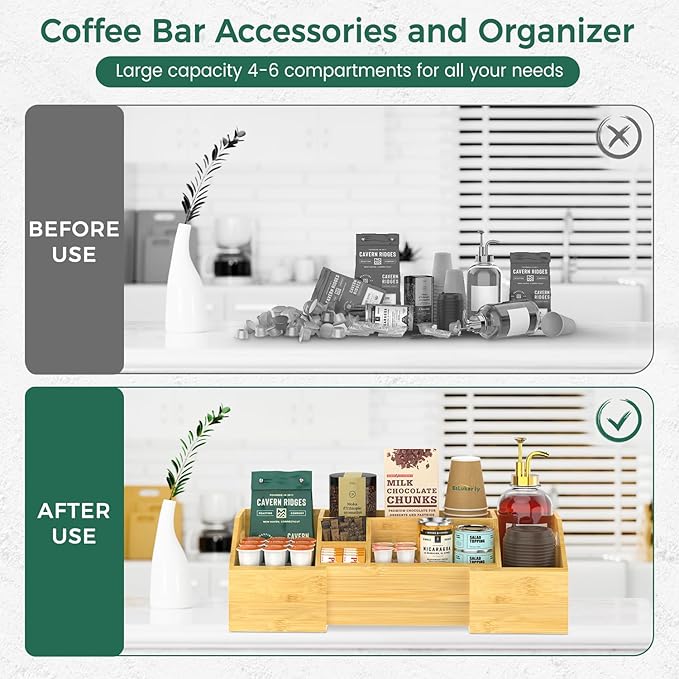 EsLuker.ly Coffee Station Organizer Countertop, Bamboo Extendable Coffee Bar Caddy Condiment Storage, Pods Holder for Home Office, Kitchen Area Nook for Accessories Organizer