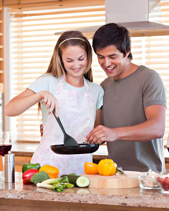 Silicone Spatulas and Spaghetti Spoons, 4 Pack Heat Resistant Full Silicone Cooking Utensils Set, Non Stick Large Kitchen Spatula Spoons for Cooking, Mixing, Serving, Draining