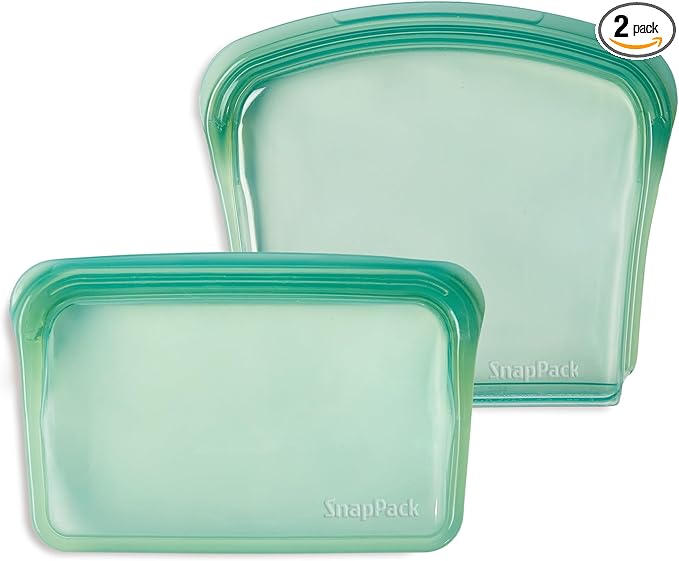 SnapPack Reusable Snack & Sandwich Bags, 2-Pack, 100% Pure Platinum Silicone, Dishwasher Safe, Heat‑Resistant, Freezer‑Safe and Sous‑Vide capable (Forest Green)