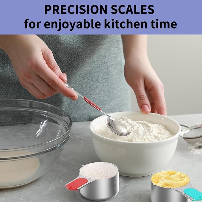 Magnetic Measuring Cups and Spoons Set, 5 Stainless Steel Measuring Cups for Dry and Liquid Ingredients, 7 Magnetic Measuring Spoons, 3 Plastic Measuring Cup with 1 Measuring Conversion Chart