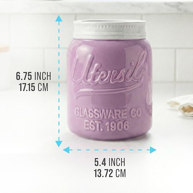 Comfify Wide Mouth Mason Jar Utensil Holder Decorative Kitchenware Organizer Crock, Dishwasher Safe - Kitchen Caddy Purple, Large Size 7" Hight