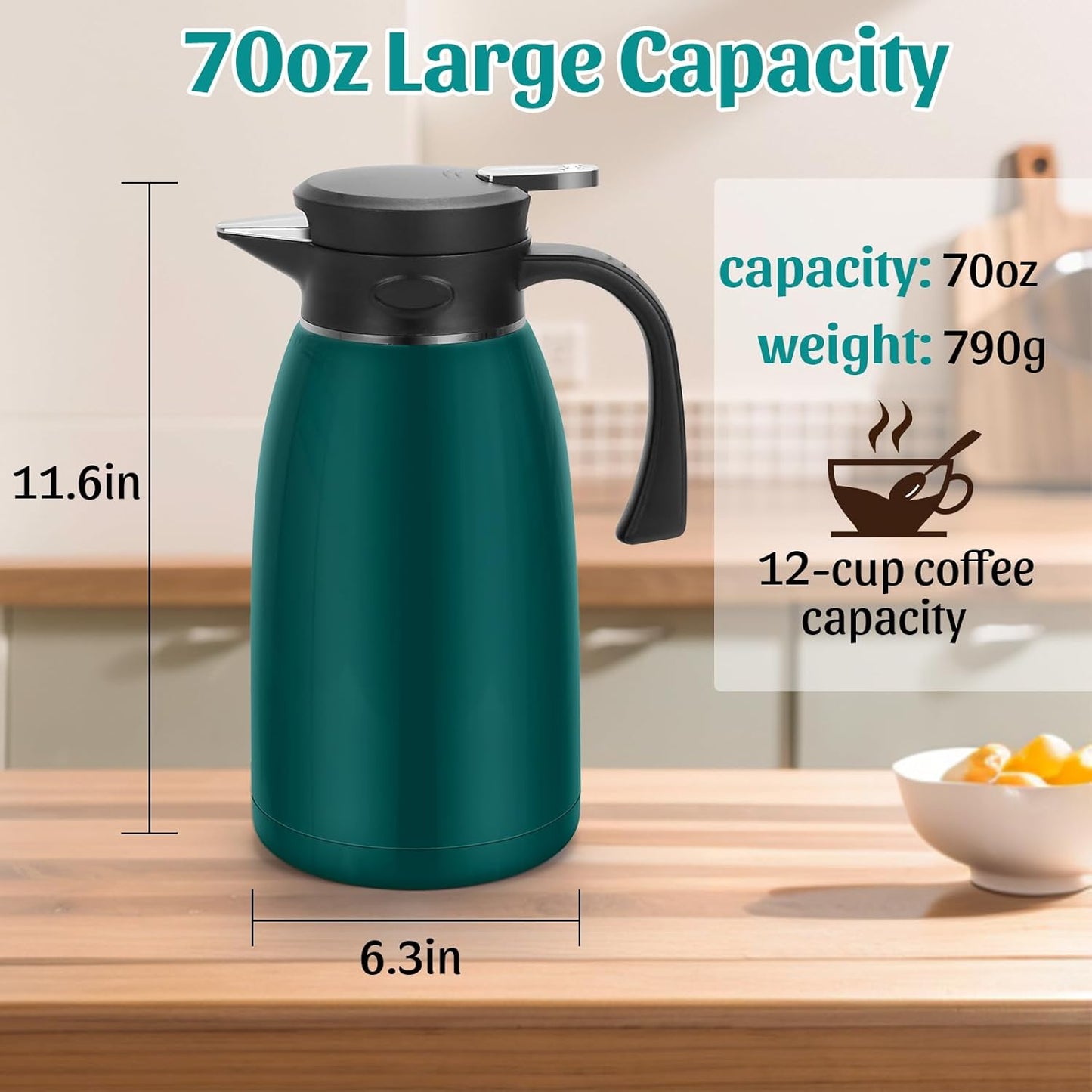 Yummy Sam 70oz Thermal Coffee Carafe, 2L Double Wall Vacuum for Hot Drinks, Stainless Steel Carafe for Hot Liquids Large Tea for Home School Office for Valentine's Day (Glossy Emeralds)