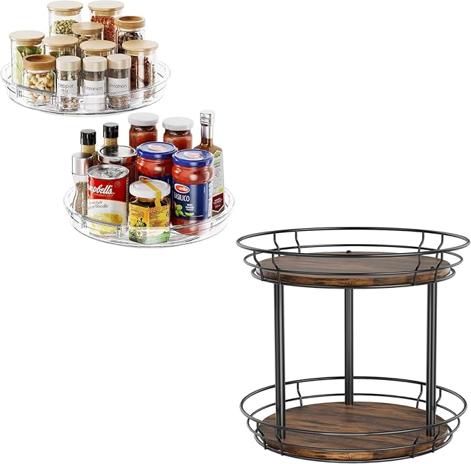 2 Pack Lazy Susan Organizer 9.25 inch Lazy Susan & 10'' Lazy Susan Turntable Organizer, 2 Tier Round Rotating Spice Rack