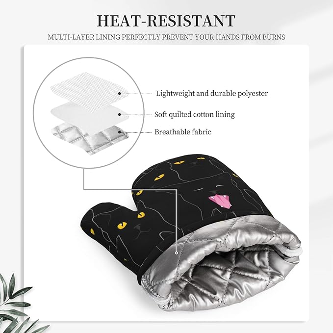Fun Black Cat Oven Mitts and Pot Holders Set of 4 Silicone Heat Resistant Oven Mitten Potholders Non Slip Gloves Kitchen Decor for BBQ Cooking Grilling Baking