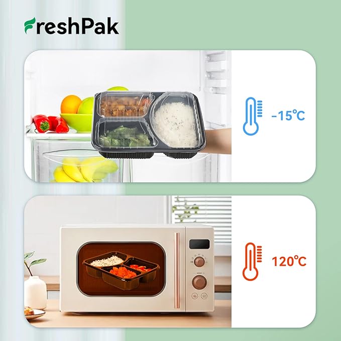 Food Containers Reusable 40 Pack 38oz - Shrink Wrap Leakproof | Portion Control Leftover Plastic Container with Lid | BPA Free Freezer & Microwave Safe Meal Prep | 3 Compartment Takeout Boxes