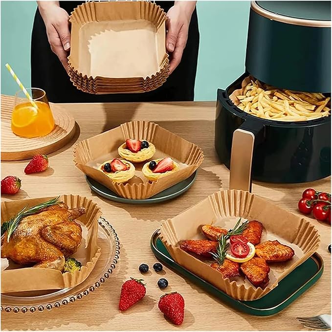 Large Air Fryer Disposable Paper Liners Nonstick 23cm Oven Airfryer Parchment Baking Paper ，Compatible For Ninja，Compatible For COSORI ，Grill Cooking Basket(20cm square,100 Pcs)