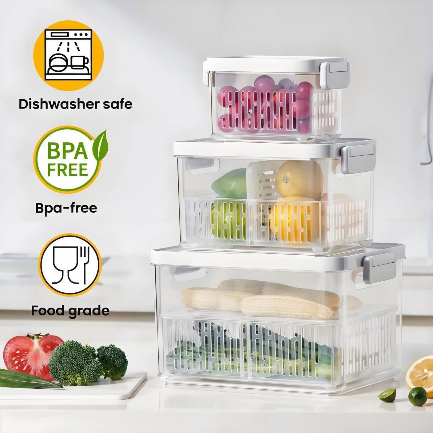 vacane 3 Pack Produce Saver with Removable Colanders, Clear Fruit Containers for Fridge Dishwasher Safe Lettuce Keeper Berry Containers, Keep Vegetable Food Fresh