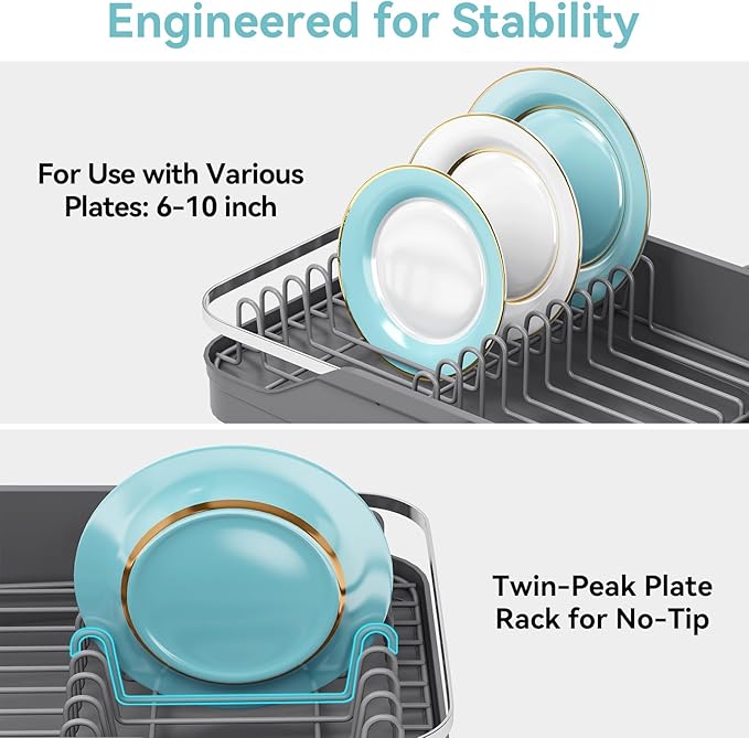 Urackify Expandable Dish Rack for Kitchen Counter, 16.14"-23.62" Large Stainless Steel Dish Drying Rack with Adjustable Water Spout, Space Saving Dish Drainer with Auto Draining Cutlery Holder,Grey