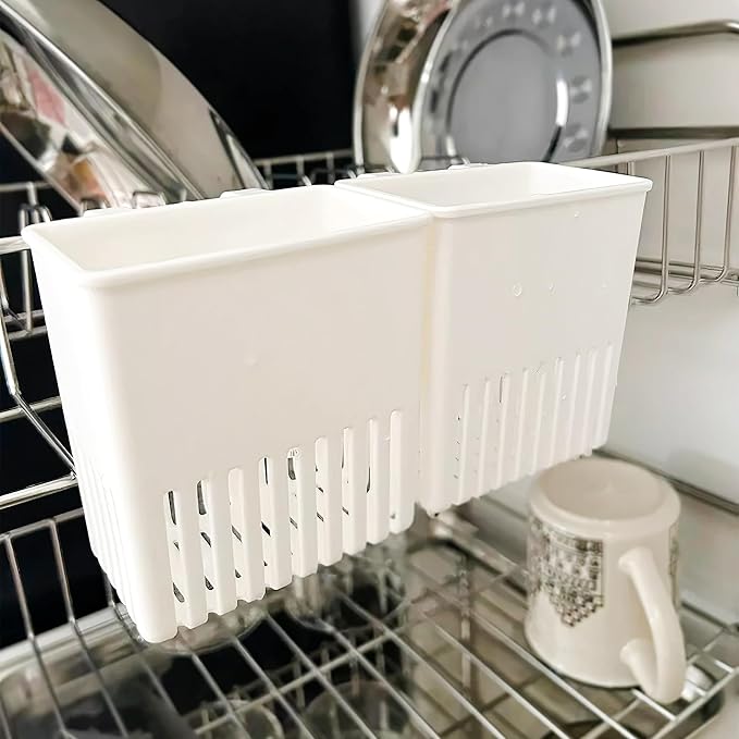2PCS Silverware Drainer Drying Basket for Sink – Compact Kitchen Utensils Holder, Cutlery Storage Organizer with Cup, Dish Hanging Drain Rack for Forks, Spoons, Knives & Chopsticks (White, Plastic)