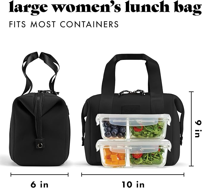Fit & Fresh Remi Neoprene Lunch Bag For Women - Meal Prep Kit with Containers & XL Ice Pack, Self Insulating Neoprene-like Material, Machine Washable Lunch Bag, Tear-Resistant, Stain-Resistant, Black