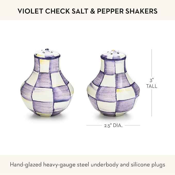 MACKENZIE-CHILDS Enamel Salt and Pepper Shakers, Kitchen Table Accessories, Purple-and-White Violet Check