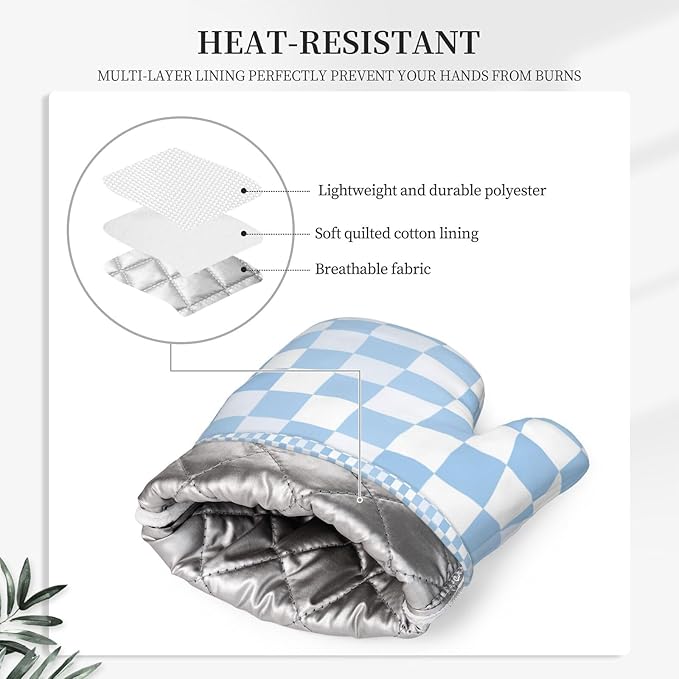 Oven Mitts and Pot Holders Set, Checkerboard Pattern Pastel Blue Silicone Kitchen Accessories 4 Piece Heat Resistant Long Gloves Potholder Non-Slip Grip for Chef Cooking Baking Grilling BBQ