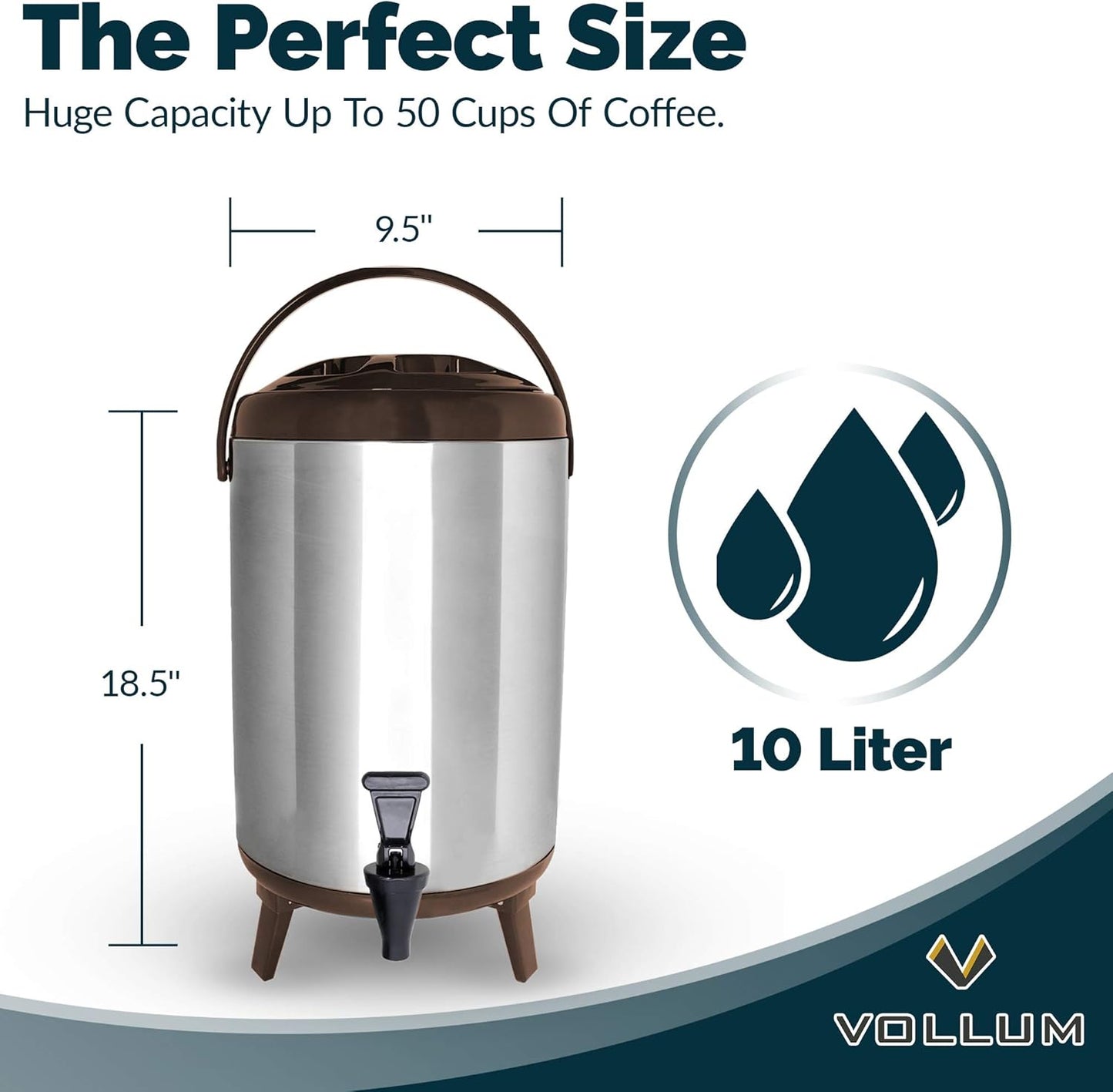 Stainless Steel Insulated Beverage Dispenser – Insulated Thermal Hot and Cold Coffee Carafe – 10 Liter Drink Dispenser with Spigot for Hot Water, Tea & Coffee, Cold Milk, Juice & More BROWN