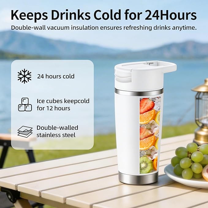 Portable Personal Blender 20oz Vacuum Cup Cordless Blende for 120 Watt Rechargeable Personal Size blender With Stainless Steel Bottle Ideal For-Shakes and Smoothies, BPA Free (White）