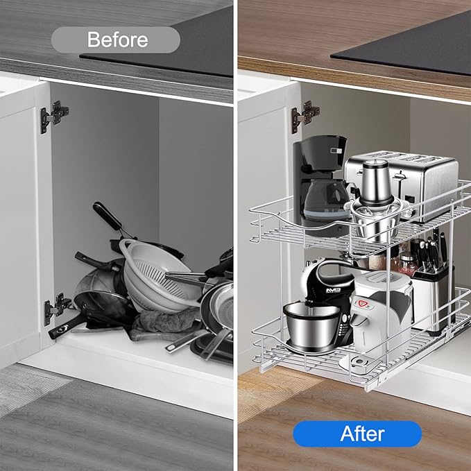 Fulgente Chrome Finish Pull Out Drawers Cabinet Organizer, Professional Large Wire Basket Frame 2 Tier Heavy Duty Slide Out Kitchen Storage Organizations Shelves Sliding Pantry 11"W x 18"D x 15.12"H