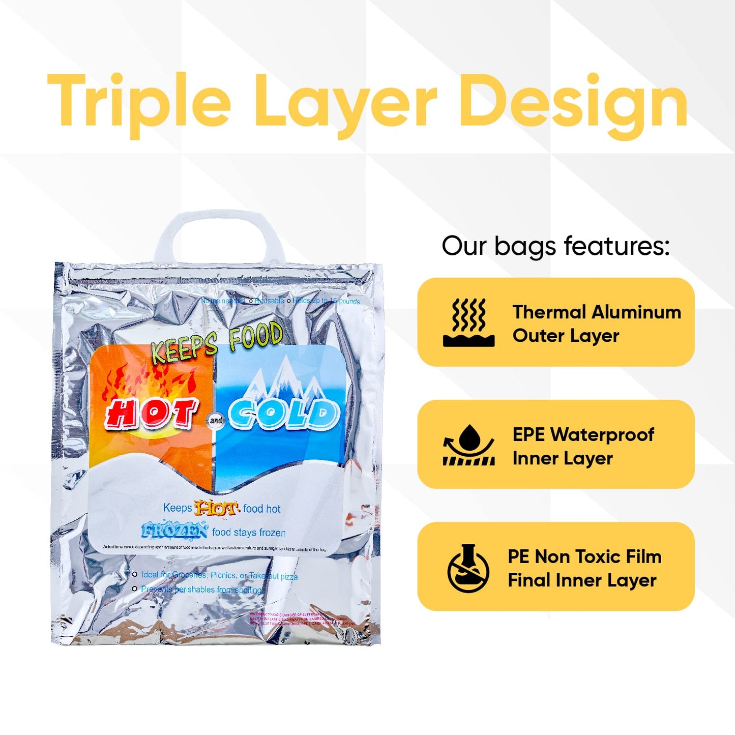 Superio Hot and Cold Insulated Bags for Food Delivery, Grocery Shopping Bags, Food Storage for Hot and Frozen Food for Travel, Disposable Cooler Bag, Reinforced Thermal Lunch Bag (12, 20" x 19")