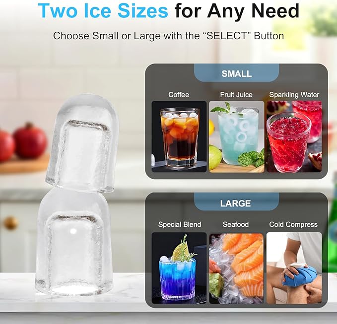 Kismile Countertop Ice Maker, 8 Bullet Cubes in 6 Mins, 26.5lbs in 24Hrs, 2 Ice Sizes, Self-Cleaning Portable Ice Maker with Basket and Scoop, for Home/Office/Camping/RV, Silver