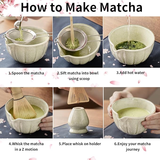 8 Pcs Matcha Whisk Set - HTRCXB Matcha Set with Ceramic Bowl, Bamboo Whisk & Holder, Scoop, Sifter, Measuring Spoon, Scoop Rest & Tea Towel, Complete Gift Kit for Beginners & Tea Lovers