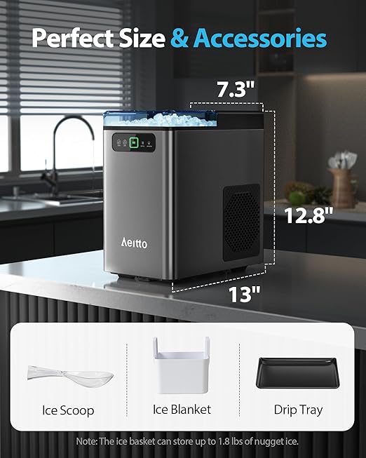 Aeitto Nugget Ice Maker 40Lbs/24H, Countertop Soft Chewable Ice Pebble Ice Machine, One-Click Operation, Auto Self-Cleaning Ice Makers with Scoop&Basket for Home, Office, Kitchen, Party (Grey)