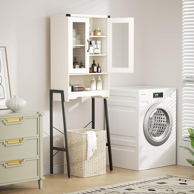 Over The Toilet Storage Cabinet with Tempered Glass Doors & Adjustable Shelf, Bathroom Organizers and Storage with Metal Stand Space Saver Over Toilet Organizer, Tall Freestanding Rack, White