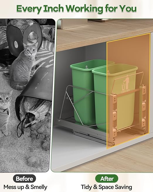 Dual Pull Out Trash Can Under Cabinet, Door Mount & Pull Handle Twin-Mode, Pull-Out Garbage Holder, Under Sink Pull-up Kit with Soft-Close Slides, for Kitchen, Sink, Drawer(Bin Not Included)