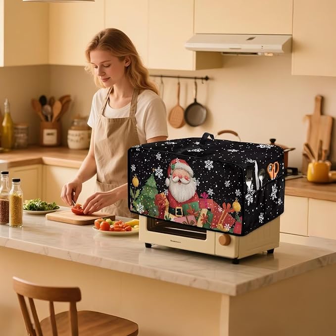Toaster Oven Cover Dust-Proof Countertop Convection Oven Cover Protective Smart Microwave Oven Accessories and Decor, M, Santa Claus Snowflake Black Christmas Decor