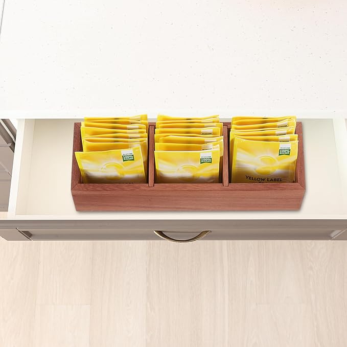 uxcell Tea Bag Organizer, 3 Compartments Pine Wood Tea Box with Handle, Tea Storage Organizer Holder for Tea Bags, Beverage Supplies Sugar Packet, Brown