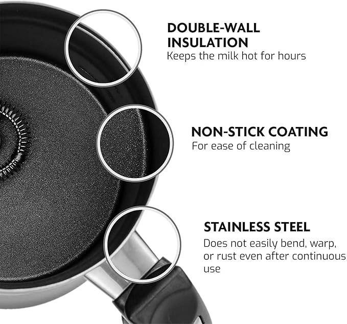 Ovente Electric Double Wall Insulated Milk Frother with 5 Ounce Frothing and 10 Ounce Heating Capacity, Hot or Cold Froth Function Available for Hot Latte, Cappuccino, and More, Silver FR4810BR
