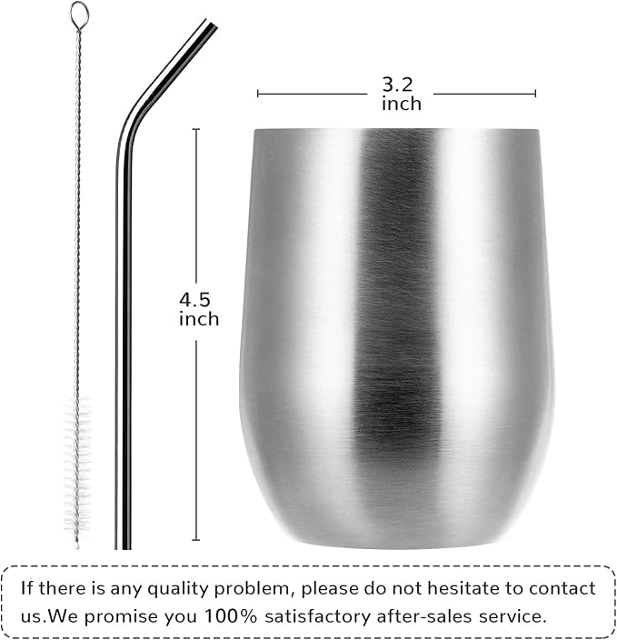MEWAY Stemless 12oz Wine Tumbler Glasses with Lid -Insulated Double Wall Vacuum Stainless Steel Travel Tumbler with Straw,for Woman Under 10 dollars (Silver,1)