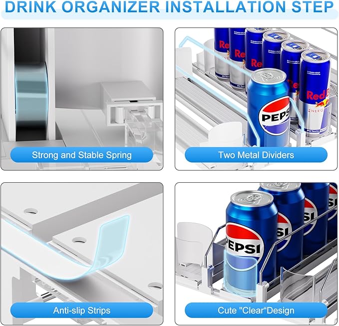 Dayacoco Drink Organizer for Fridge,5 Rows Fridge Soda Can Organizer,20oz 16oz 12oz-Self Pushing Soda Dispenser for Fridge,Adjustable Width-Holds up to 25 Cans,White
